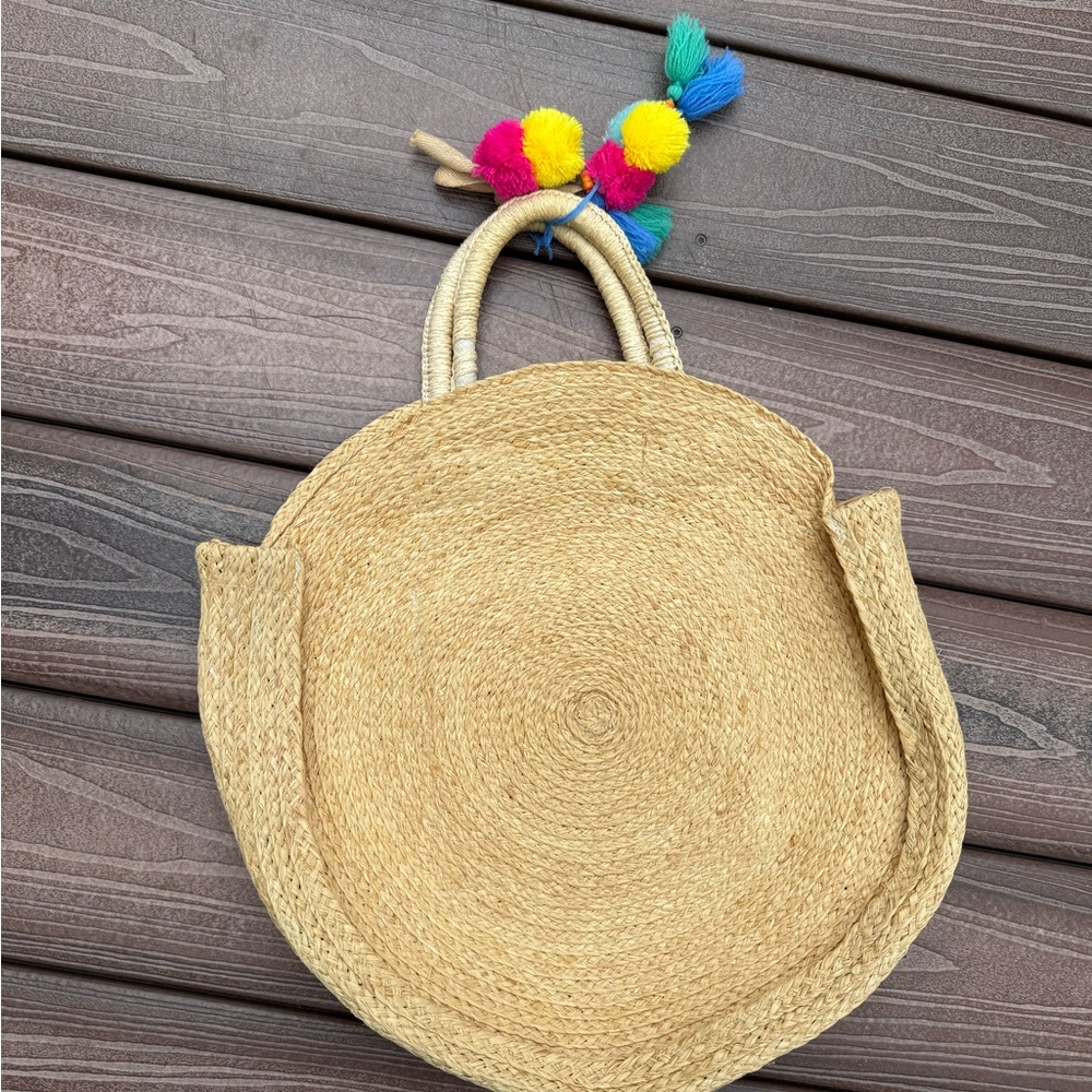 Round Straw Shoulder Bag with Colorful Pom Poms by & other stories